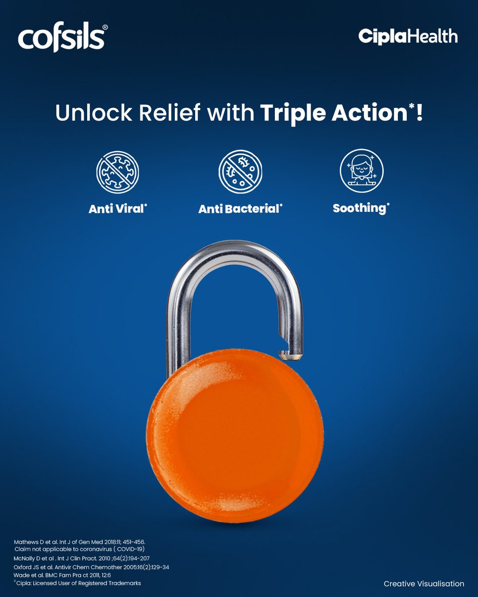 Cofsils unlocks protection, healing and soothing relief!🔓🩹🌿

#Cofsils #Cipla #QuickRelief #SoreThroat #Mulethi #Orange #LemonHoney #GingerLemon #FreshMint #Lozenges #Antiviral #Antibacterial