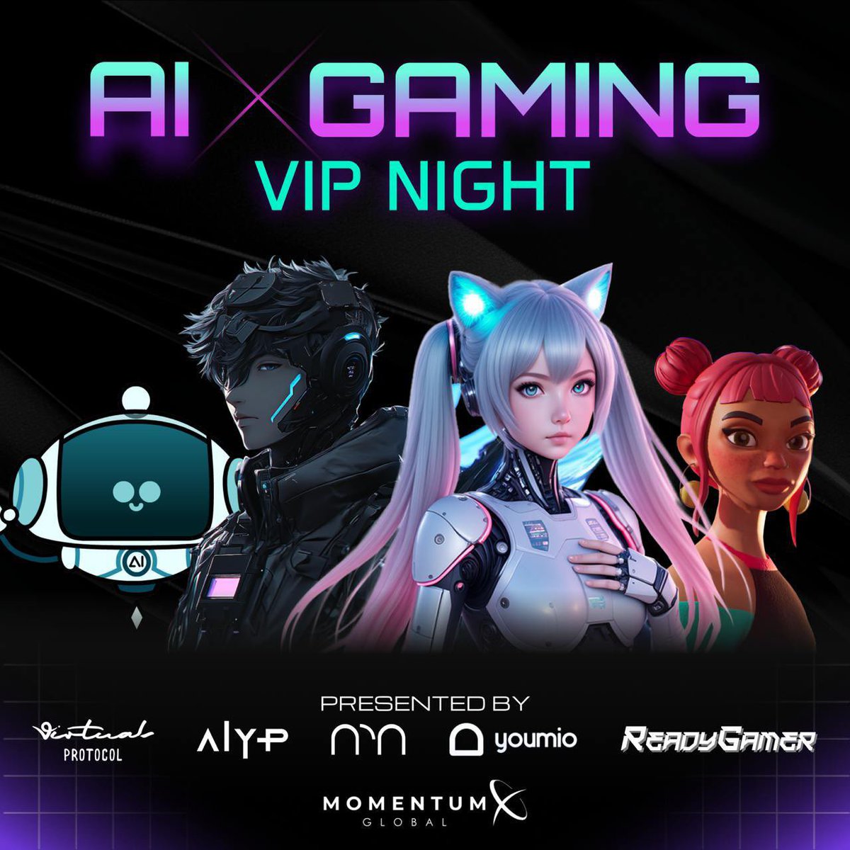 Virtuals Protocol (@virtuals_io) on Twitter photo Curious about gaming agents?
Explore the next frontier where AI and gaming converge with Virtuals Protocol, <a href="/Agent_YP/">AgentYP</a>, <a href="/NRNAgents/">NRN Agents</a>, <a href="/youmio_ai/">Youmio</a>, <a href="/ReadyGamer_AI/">ReadyGamer</a>, and <a href="/momentumxglobal/">MomentumX Global</a>.
Join us for AI x Gaming VIP Night
April 30 | 8–11PM GMT+4 | Dubai
RSVP below: Curious about gaming agents?
Explore the next frontier where AI and gaming converge with Virtuals Protocol, <a href="/Agent_YP/">AgentYP</a>, <a href="/NRNAgents/">NRN Agents</a>, <a href="/youmio_ai/">Youmio</a>, <a href="/ReadyGamer_AI/">ReadyGamer</a>, and <a href="/momentumxglobal/">MomentumX Global</a>.
Join us for AI x Gaming VIP Night
April 30 | 8–11PM GMT+4 | Dubai
RSVP below: