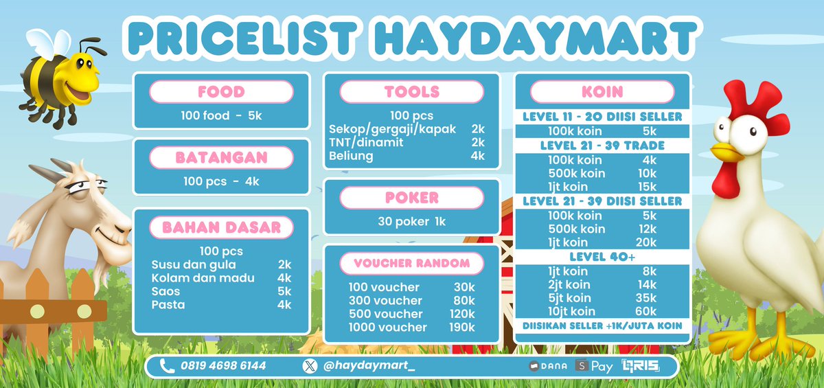 haydaymart_'s tweet photo. Ready item hayday yaa. Koin, food, voucher, poker, badas dll. Minat bisa WA ke https://t.co/EEOvjE6bYp ✨

Order via DM tolong mentionnya, pesan sering pending lama🙏🥲
#seller #sellerhayday https://t.co/P6v3AKrqSv
