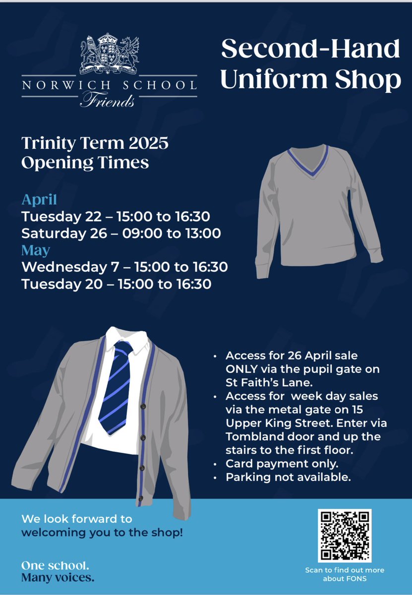 Friends of Norwich School (@norschfriends) on Twitter photo 🏏🎽The FONS Uniform shop is open on Tuesday 22nd Apr from 3-4:30pm and Saturday 26th Apr from 9am-1pm.
Our volunteers are looking forward to serving you. 🏏🎽
<a href="/NorwichSchool/">Norwich School</a> <a href="/NorwichLS/">Norwich Lower School</a> <a href="/NorwichLowerSch/">Norwich Lower School</a> 🏏🎽The FONS Uniform shop is open on Tuesday 22nd Apr from 3-4:30pm and Saturday 26th Apr from 9am-1pm.
Our volunteers are looking forward to serving you. 🏏🎽
<a href="/NorwichSchool/">Norwich School</a> <a href="/NorwichLS/">Norwich Lower School</a> <a href="/NorwichLowerSch/">Norwich Lower School</a>