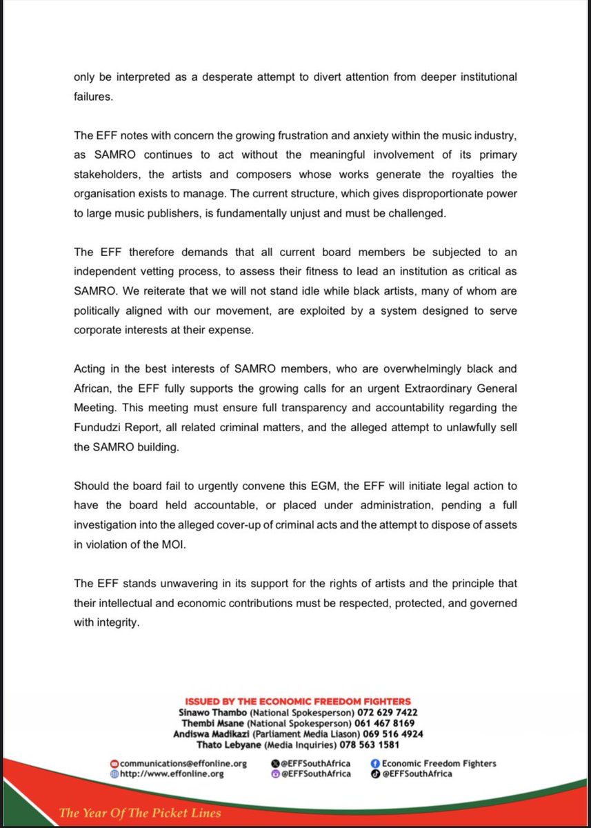EFFSouthAfrica's tweet photo. The EFF’s Statement on the Intention by the SAMRO Board to Sell Its Building Without Approval From AGM Members 

-Reports indicate that this matter was extensively deliberated in a recent SAMRO board meeting, with a potential buyer already identified. However, the transaction has reportedly stalled due to internal divisions within the board, with some members strongly objecting on the basis that such a sale cannot proceed without the consent of SAMRO members at an Annual General Meeting (AGM).
