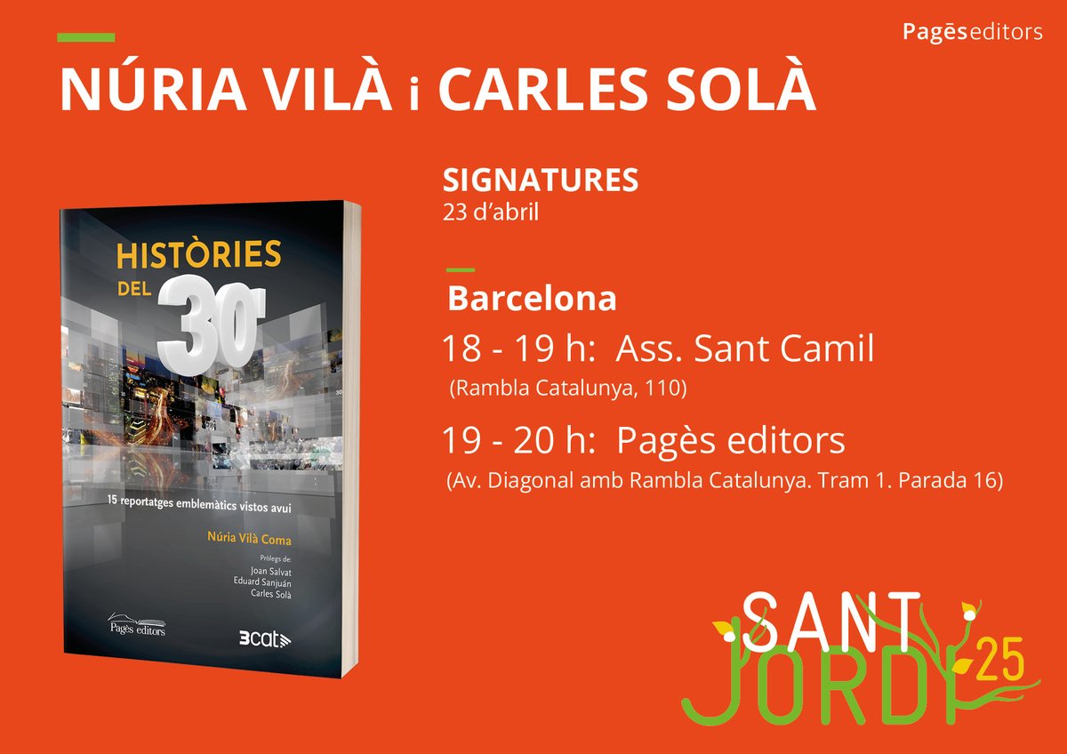 📚🌹 Aquesta Diada de Sant Jordi serà especial! Amb en Carles Solà <a href="/Quatrecantons/">Carles Solà</a> serem a les parades de BCN del Col·legi <a href="/periodistes_cat/">Col·legi de Periodistes de Catalunya</a> i de <a href="/PagesEditors/">Pagès Editors</a> signant exemplars del nostre llibre 𝘏𝘪𝘴𝘵ò𝘳𝘪𝘦𝘴 𝘥𝘦𝘭 30'. Si sou pel centre, ens farà molta il·lusió saludar-vos!