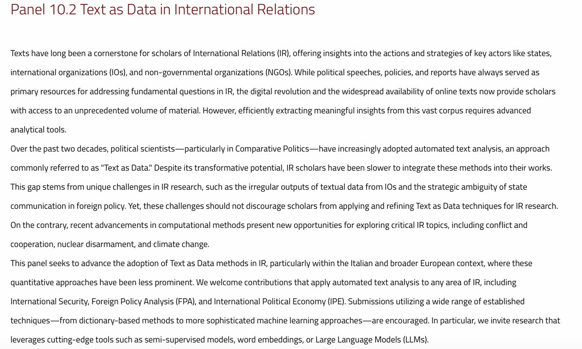 Valerio Vignoli (@valeriovignoli) on Twitter photo Call for Papers! Join <a href="/andrea_knpp/">Andrea Knapp</a> and myself to talk about applications of Text as Data in International Relations at the annual <a href="/sisp__/">Società Italiana di Scienza Politica</a> conference (University of Naples, 4-6 September). Application deadline: May 25. Apply at the following link:
sisp.it/convegno-2025/… Call for Papers! Join <a href="/andrea_knpp/">Andrea Knapp</a> and myself to talk about applications of Text as Data in International Relations at the annual <a href="/sisp__/">Società Italiana di Scienza Politica</a> conference (University of Naples, 4-6 September). Application deadline: May 25. Apply at the following link:
sisp.it/convegno-2025/…