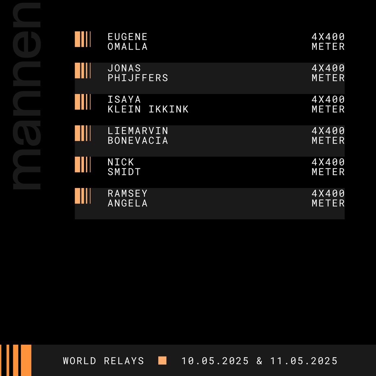 🔜 World Relays in Guangzhou, China 🇨🇳

TeamNL doet mee bij de 4x100m mannen en vrouwen, 4x400 mannen en de 4x100m gemengde estafette. Ga voor meer informatie over de selectie naar atletiek.nl

#WorldRelays