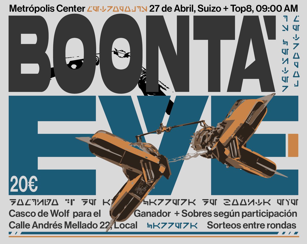 🪐TORNEO SWU: BOONTA EVE💫
📅27/04, 9:00 Inscripciones
🚀Suizo + Top 8
🏆Casco de Wolf + sobres carbonita según participación para el ganador

Más info y entradas ⬇️⬇️⬇️
metropolis-center.com/events/176-#
