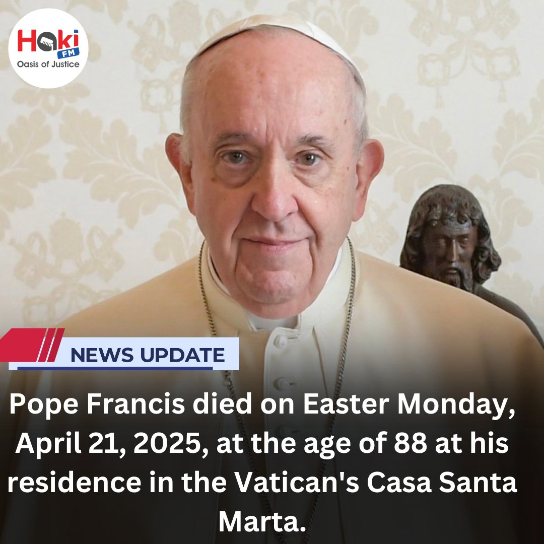 Pope Francis passed away Monday, April 21, 2025, at the age of 88 due to a stroke followed by heart failure. His death was confirmed by the Vatican, which has also announced that Camelengo has initiated the traditional protocols following a pope's death.