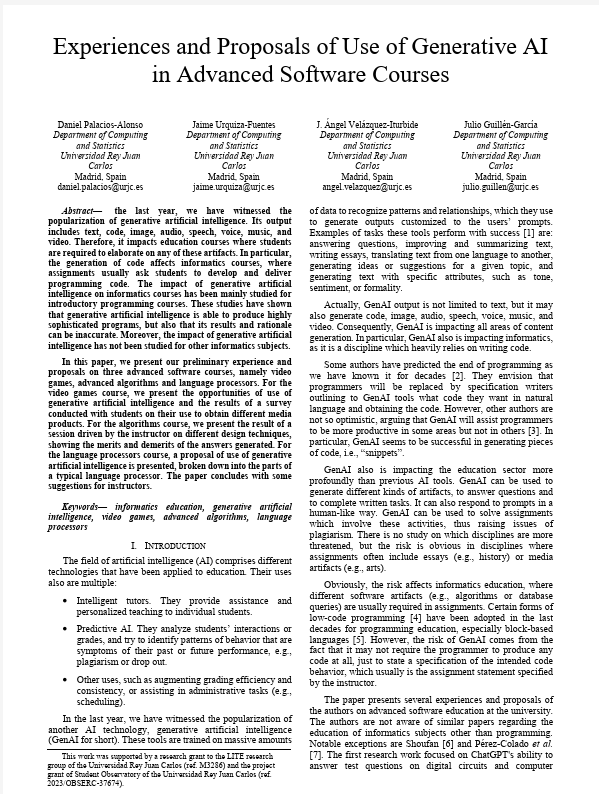 Our paper "Experiences and Proposals of Use of Generative AI in Advanced Software Courses" presented at <a href="/IEEE_EDUCON/">IEEE EDUCON</a> 2024 is available for open access at <a href="/BURJC/">BURJC</a> hdl.handle.net/10115/39180