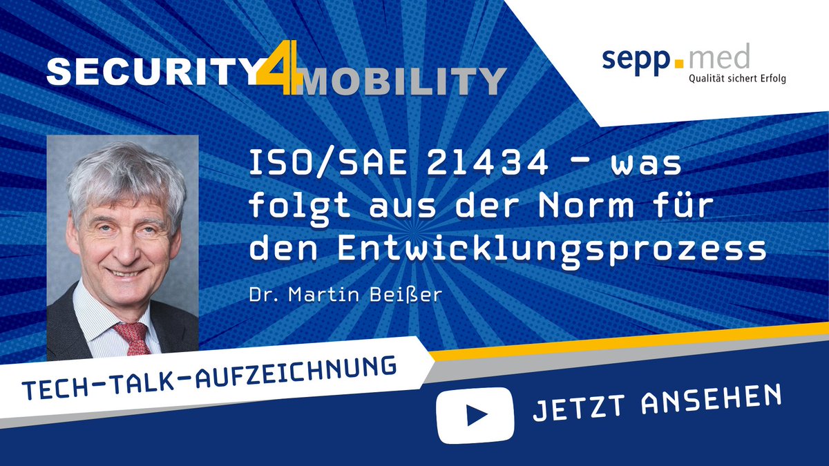 In seinem Tech Talk „ISO/SAE 21434 – was folgt aus der Norm für den Entwicklungsprozess“ gibt Dr. Martin Beißer einen Überblick über Aufbau und Inhalt der neuen 𝗖𝘆𝗯𝗲𝗿𝘀𝗲𝗰𝘂𝗿𝗶𝘁𝘆-𝗡𝗼𝗿𝗺 ISO/SAE 21434. ➡️ seppmed.de/security4mobil…
#cybersecurity #softwareentwicklung