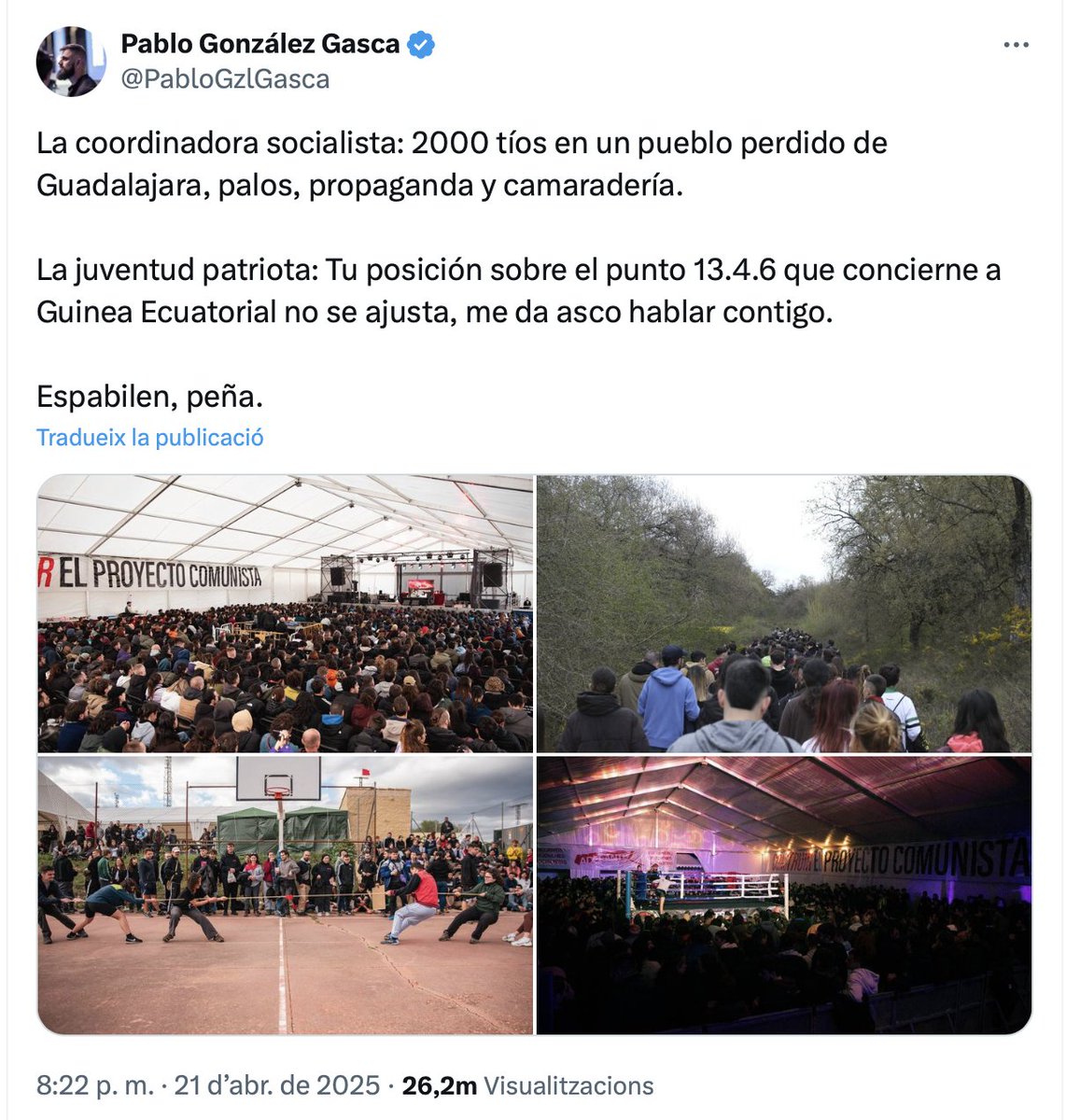 Ni con un partido con acceso a decenas de miles de euros, que invierte ingentes cantidades en propaganda y formación, y que tiene millones de votos, son capaces de reunir a tantos jóvenes como la <a href="/CJSocialista/">Coordinadora Juvenil Socialista</a>. 

Lo admite y lamenta uno de los cabecillas de los cachorros de Vox.