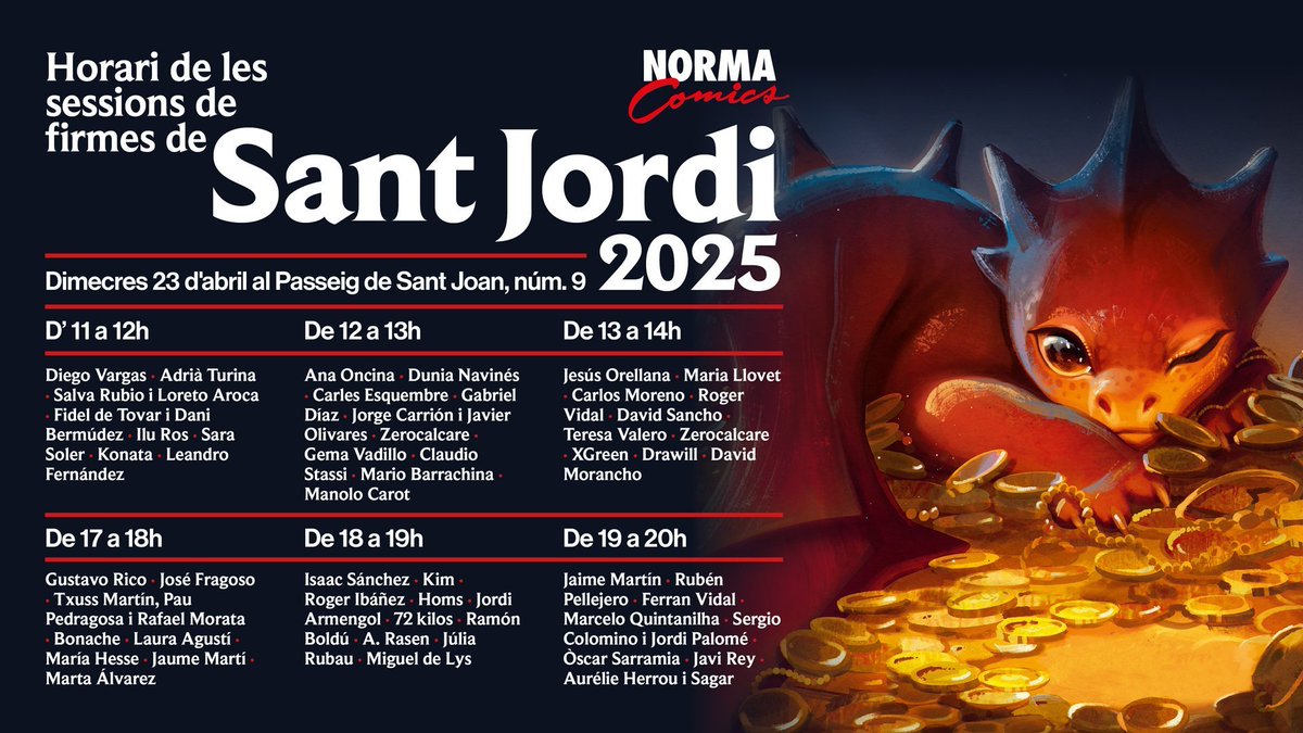 ¡Mañana es #SantJordi! Y tenéis una cita con <a href="/Saliendodemi/">Fidel De Tovar</a>, <a href="/senseidani/">SENSEIDANI 🦊 COMMISSIONS OPEN 🎨</a>, <a href="/Drawill_art/">Drawill</a> y <a href="/karurosu694/">Carlos Moreno</a> en <a href="/NormaComics/">NormaComics</a>.🌹           

¡No os lo perdáis!