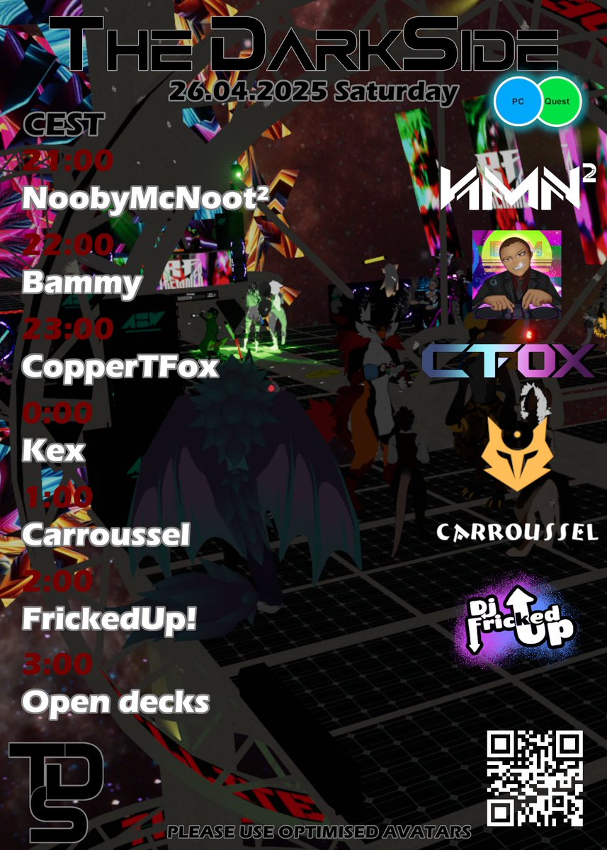 This Weekend! Saturday, 26th April @ 9PM CET!

Don't miss out! vrc.group/DRKSD.2680