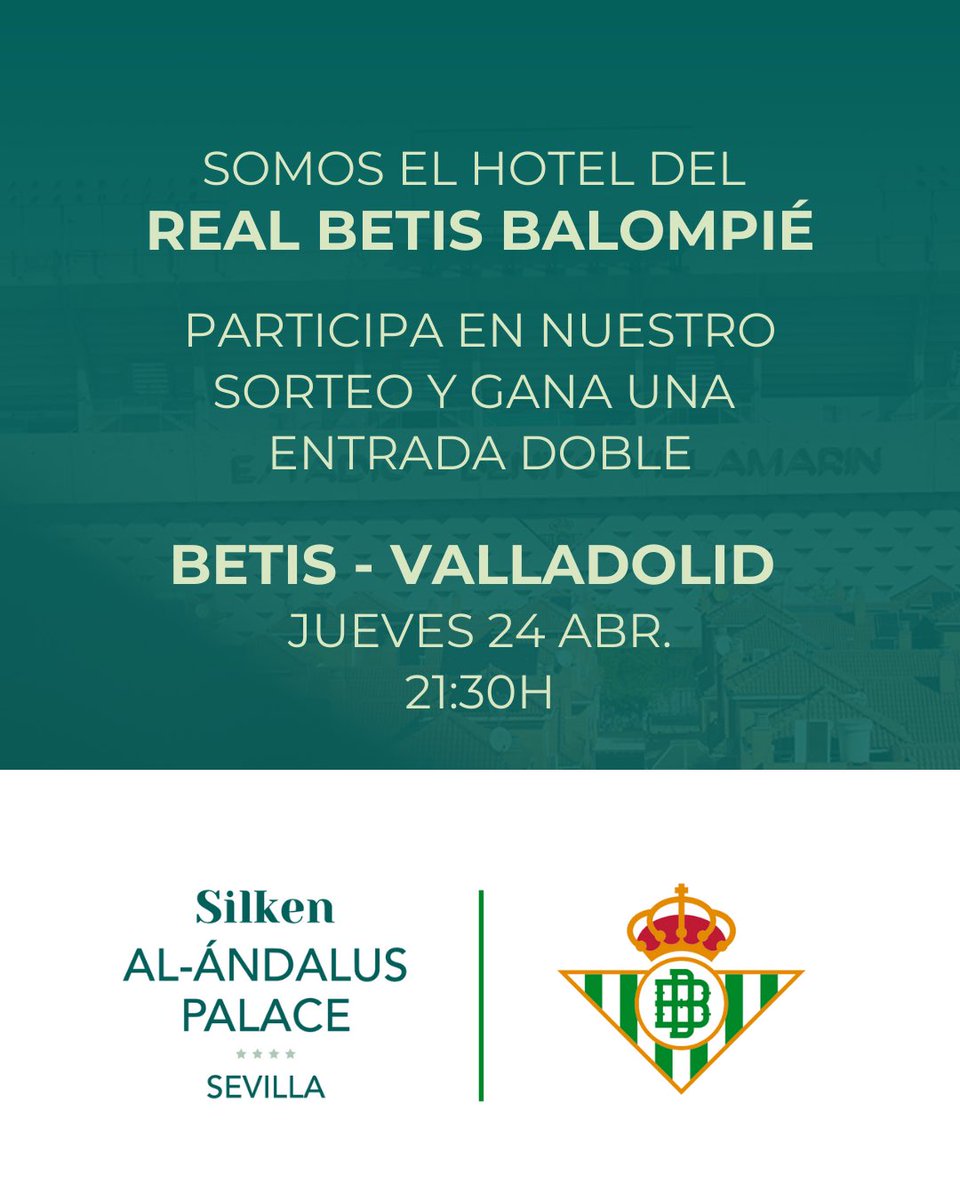⚽ Te regalamos una entrada doble, como hotel oficial del @realbetis, para verlos jugar en casa este jueves a las 21:30h contra el Valladolid.

Requisitos:

👍🏻 Seguir nuestra cuenta de X
🔁 Retwittear esta publicación

El miércoles 23 por la mañana diremos quién gana🏆