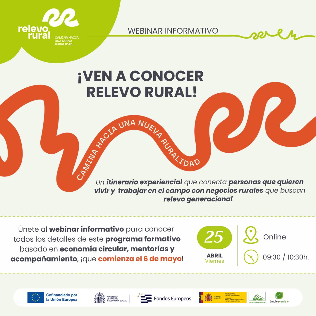 ¡Descubre Relevo Rural! 🌱 Conecta con negocios rurales y conoce un itinerario de economía circular, mentorías y más. ¡No faltes al webinar el 25 de abril! 🚀 #RelevoRural #Emprendimiento