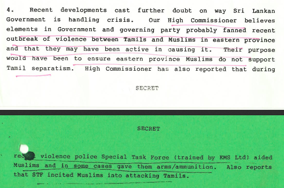 It is widely known that the Sri Lankan state actively sought to wreck Tamil-Muslim relations.

FCDO documents released to <a href="/declassifiedUK/">Declassified UK</a> show that even the British High Commissioner at the time knew of the STF arming Muslim militias.

declassifieduk.org/mystery-at-for…