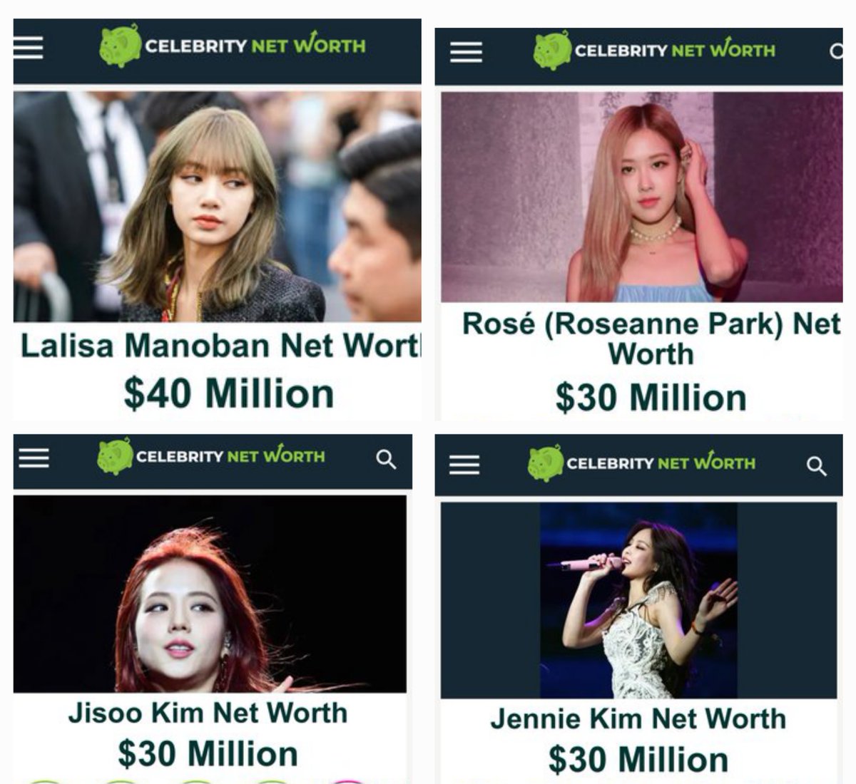 Richest blackpink member according to celebrity net worth:

1. #LISA - $40M 👑 
2. Rosé   - $30M
3. Jisoo   - $30M
4. Jennie- $30M