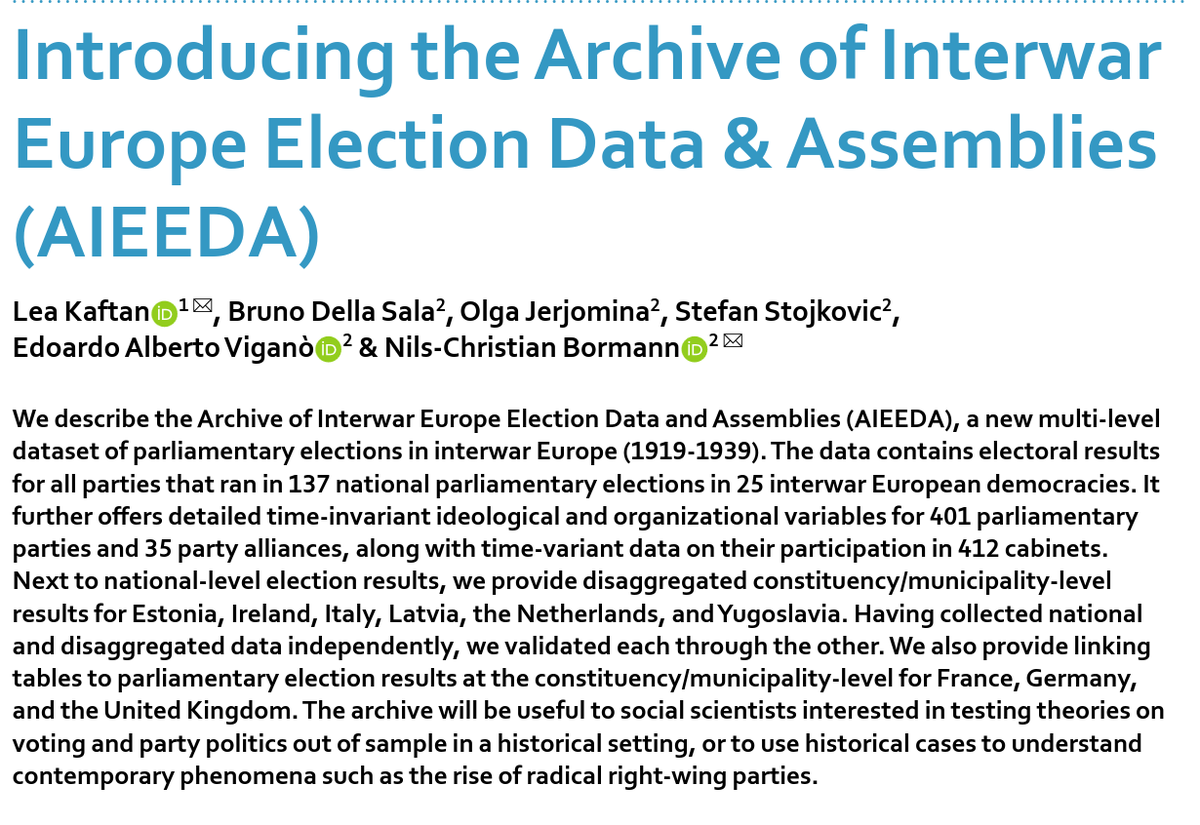 🚨 We’ve released the Archive of Interwar Europe Election Data and Assemblies (AIEEDA) 🗳️  25 European democracies, 1919–1939: party positions, cabinet formation, elections (and subnational geo-coded data for 6 countries) 1/2 ⬇️