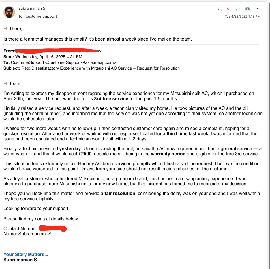 I honestly don’t understand the point of having a customer service email if no one’s going to respond. Easily one of the worst customer service experiences I’ve had with any home appliance brand. #disappointed  <a href="/MEI_India/">Mitsubishi Electric </a> <a href="/ME_Europe/">Mitsubishi Electric</a>