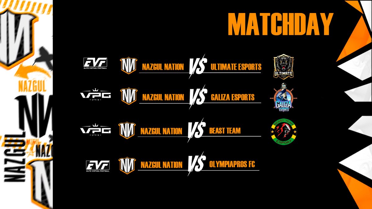 #EAFC25 | ¡𝐌𝐀𝐓𝐂𝐇𝐃𝐀𝐘!

🏆 | <a href="/Official_EVF/">Elite Virtual Football</a>
🆚 | <a href="/UltimateEsp17/">Ultimate Esports</a> &amp; OlympiaProsFc
⏰ | 22:20h &amp; 23:00h

🏆 | <a href="/VPG_Spain/">Virtual Pro Gaming España</a>
🆚 | <a href="/Galizaesports/">Galiza eSports</a> &amp; <a href="/BeastTeameSport/">Beast Team eSport</a>
⏰ | 23:00h &amp;  23:20h

#GoNN 🧡 · #NNclubespro