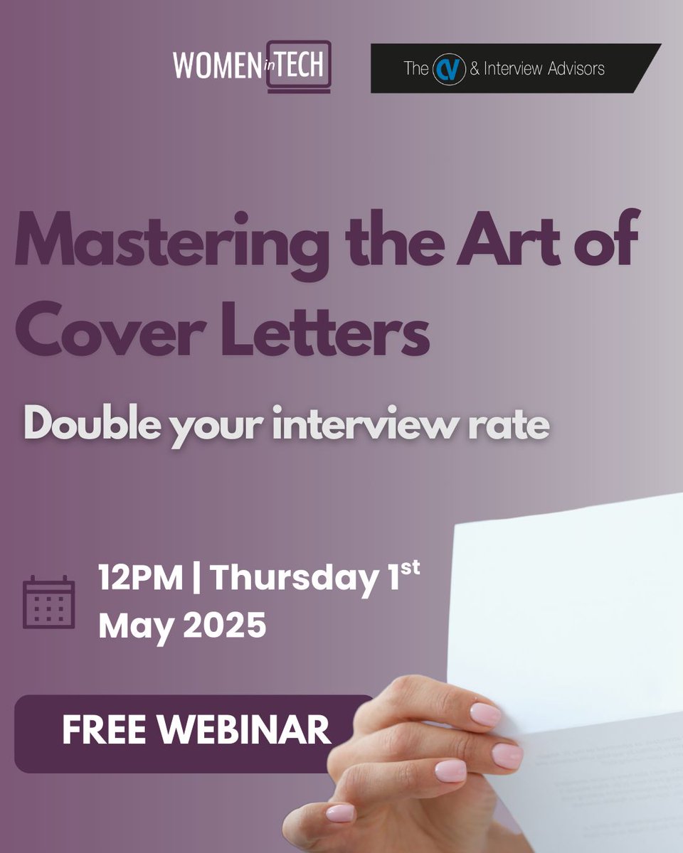 Women in Tech UK (@womenintechuk) on Twitter photo Writing a cover letter can be a struggle, right? ๐
Join us on the 1st of May at 12pm for a free webinar with <a href="/cvia_careers/">The CV & Interview Advisors / CVIA Careers</a> (in partnership with Women in Tech) to learn how to craft one that gets you noticed! ๐ Plus, a live Q&A! ๐ฅ
๐ Register now: buff.ly/IcZ8Ri6 Writing a cover letter can be a struggle, right? ๐
Join us on the 1st of May at 12pm for a free webinar with <a href="/cvia_careers/">The CV & Interview Advisors / CVIA Careers</a> (in partnership with Women in Tech) to learn how to craft one that gets you noticed! ๐ Plus, a live Q&A! ๐ฅ
๐ Register now: buff.ly/IcZ8Ri6