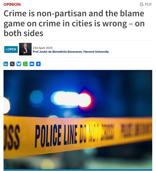 Politicians and journalists on across the US political spectrum have argued that recent election results reflect a frustration with Democratic policies on crime in cities; but new research by Harvard University Professor Justin de Benedictis-Kessner and Professor Christopher