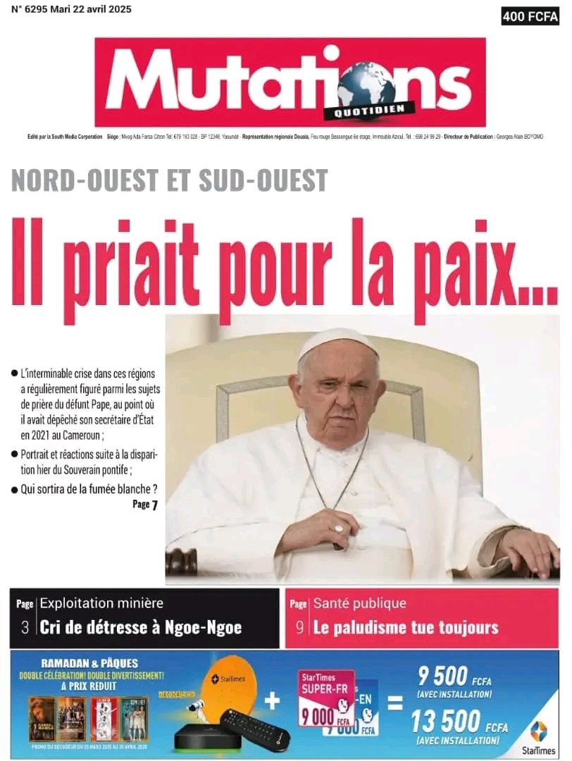 NORD-OUEST ET SUD-OUEST: IL PRIAIT POUR LA PAIX...
𝐋𝐀 UNE D𝐄 #𝐌𝐔T𝐀𝐓𝐈𝐎𝐍𝐒 𝐃𝐔 22 AVRIL 2025
𝐀̀ 𝐋𝐈𝐑𝐄 𝐒𝐔𝐑 𝐰𝐰𝐰.𝐞𝐤𝐢𝐨𝐬𝐪𝐮𝐞.𝐜𝐦
@Followers
@Toutlemonde
<a href="/Superfans/">Superfans</a>