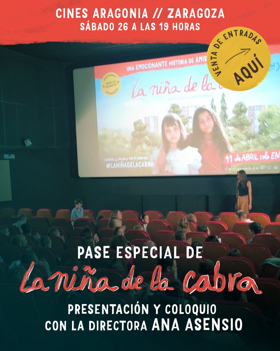 ¡Hola, Zaragoza! 

#LaNiñaDeLaCabra llegará en formato PASE ESPECIAL este sábado 26 a los Cines Aragonia. 

Tendremos presentación y coloquio a cargo de su directora, Ana Asensio. 

¡Os esperamos en la sesión de las 19h! reservaentradas.com/entrada/zarago…