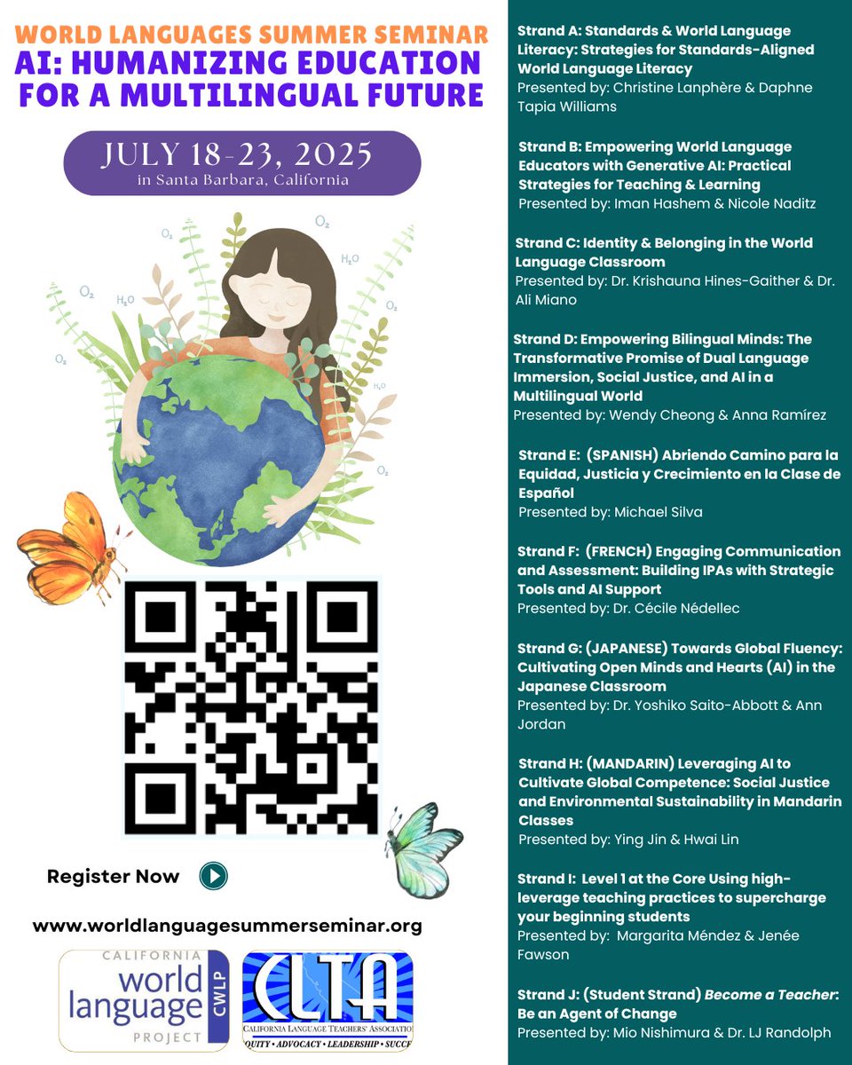 California Language Teachers' Association (@cltatweets) on Twitter photo 🌟 Calling all language teachers! 🌟
Join us for the 36th Annual Summer Seminar: AI – Humanizing Education for a Multilingual Future 🧠💬
📍 UC Santa Barbara | July 18–23
Hosted by <a href="/WLSumSem/">World Language Summer Seminar, CWLP-CLTA</a> + <a href="/CLTAtweets/">California Language Teachers' Association</a>
✅ Gain hands-on strategies grounded in CA’s World Languages Standards & 🌟 Calling all language teachers! 🌟
Join us for the 36th Annual Summer Seminar: AI – Humanizing Education for a Multilingual Future 🧠💬
📍 UC Santa Barbara | July 18–23
Hosted by <a href="/WLSumSem/">World Language Summer Seminar, CWLP-CLTA</a> + <a href="/CLTAtweets/">California Language Teachers' Association</a>
✅ Gain hands-on strategies grounded in CA’s World Languages Standards &