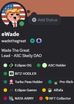 Proud to be an eOG 
Proud to be an ASC 10x holder! 
Proud to be a $BITZ holders 
Proud to be a NATA  

Loyalty to the eCommunity is how you earn your roles here, simple as that! 🫡