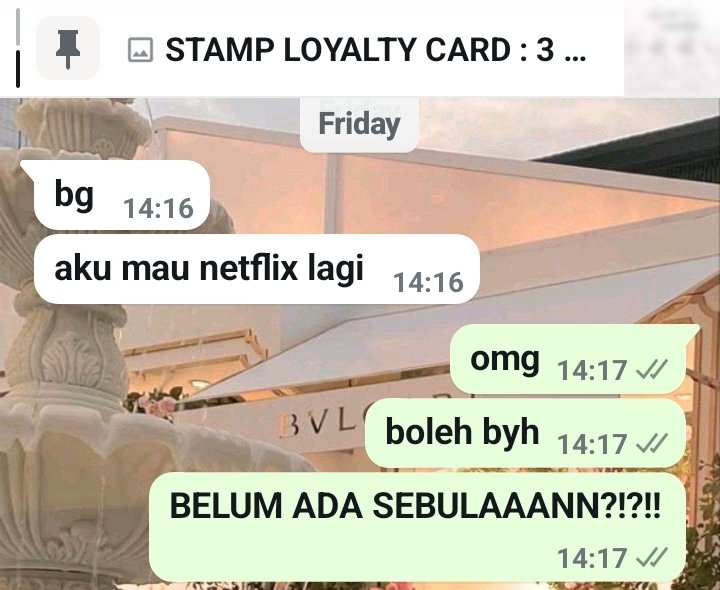 cust ak ada yg sebulan beli 2 ekon Netflix. sampe loyalty card nya udh 3 pdhl cust baru bulan lalu 🥹🩷