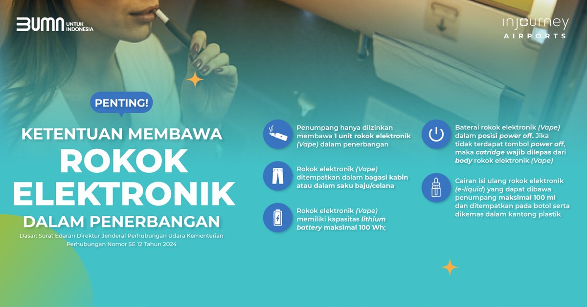 Vaping dalam penerbangan? #SobatAPI Ingat, rokok elektrik dan cairannya harus dibawa di tas kabin dan jangan digunakan selama penerbangan. Keamanan, dan Kenyamanan Anda beserta penumpang lainnya terjaga! 

Informasi lebih lanjut hubungi:
Call : 138 / 172
Whatsapp : +62 811 984