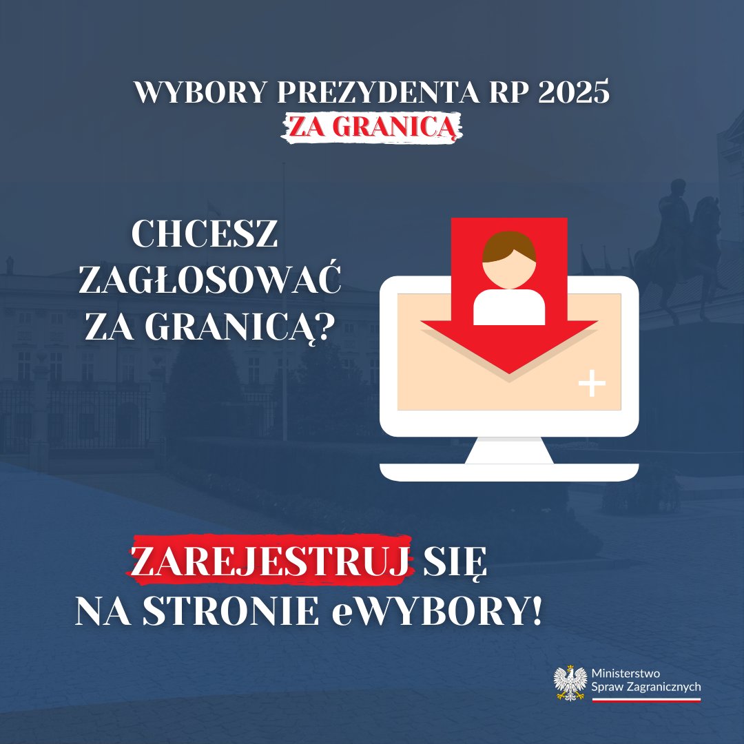 W wyborach Prezydenta RP chcesz zagłosować za granicą?
🌐 Wejdź na eWybory
🔎 Odszukaj obwód, w którym chcesz zagłosować
📝 Zapisz się do spisu wyborców
🪪 Weź ze sobą ważny polski paszport 
🗳️ Zagłosuj w wyborach

Więcej  ⬇️
gov.pl/web/dyplomacja…