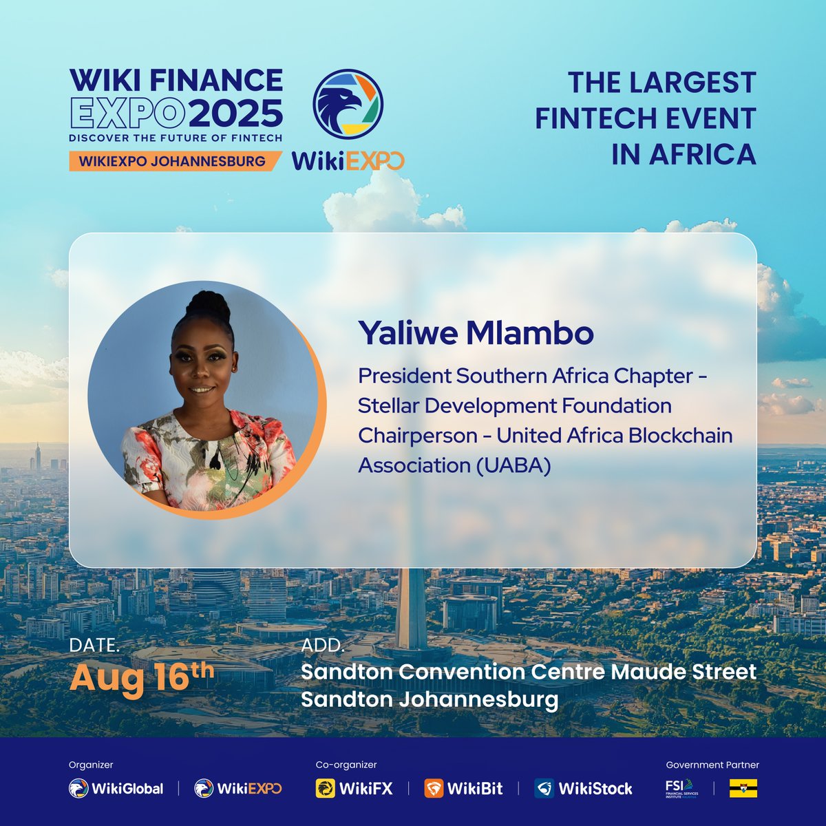 Follow <a href="/YayaMlambo/">Yaliwe Mlambo</a> at #WikiEXPO #Johannesburg

Yaliwe Mlambo is a trailblazing blockchain leader advancing financial inclusion and innovation in Africa through <a href="/UABA_Africa/">United Africa Blockchain Association</a> , <a href="/StellarOrg/">Stellar</a> , and her founding initiatives.

🎫 lu.ma/WikiEXPO
#WikiGlobal #WikiFX #WikiBit