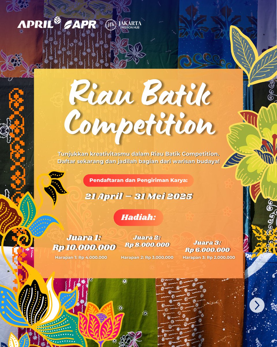 infoPKU's tweet photo. Riau Batik Competition sebuah lomba desain kain batik khas Riau yang diselenggarakan oleh APRIL dan APR.
#RiauBatikCompetition #goodforcommunity https://t.co/NJlSVsPasJ