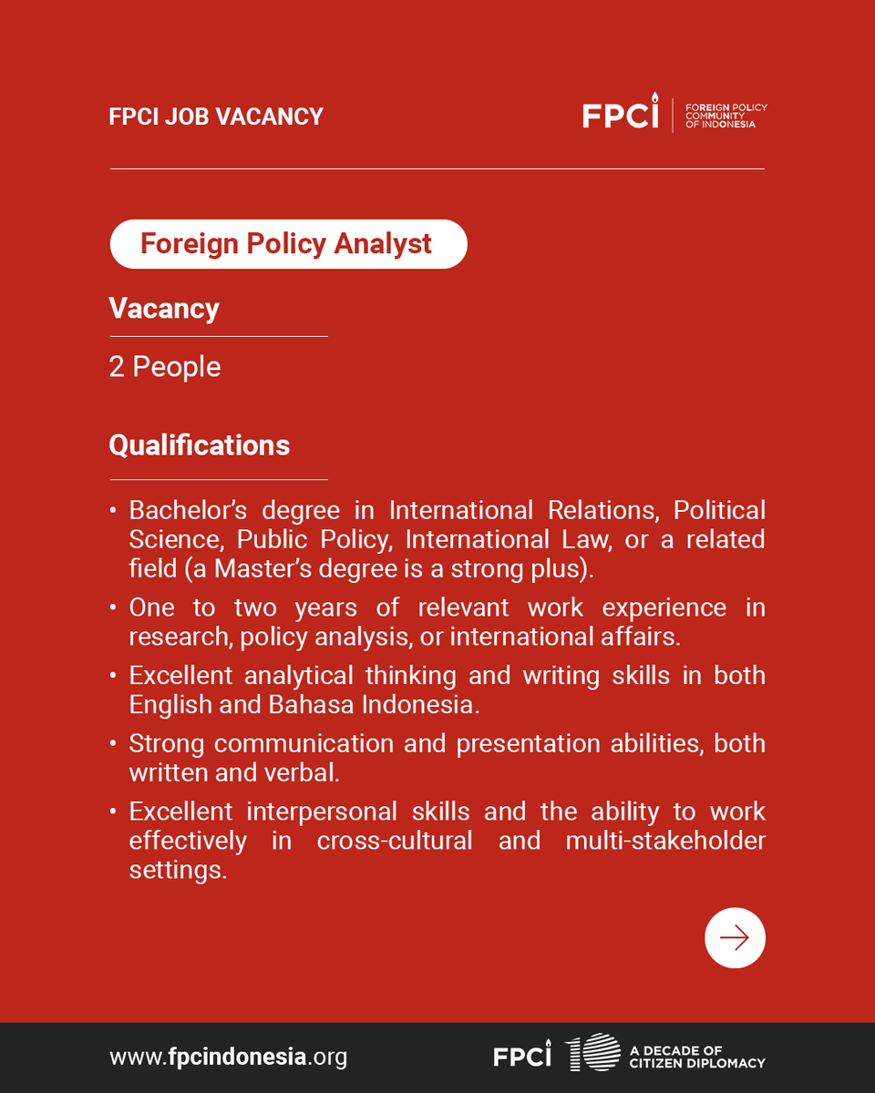fpcindo's tweet photo. π WE ARE HIRING! π
FPCI is looking for aspiring Foreign Policy Analysts to join our Research and Analysis Department.
β
#ForeignPolicyAnalyst #PolicyAnalyst #Analyst #JobVacancy #JobOpportunity #LowonganPekerjaan #Jakarta #Indonesia https://t.co/lpBUONqGfv