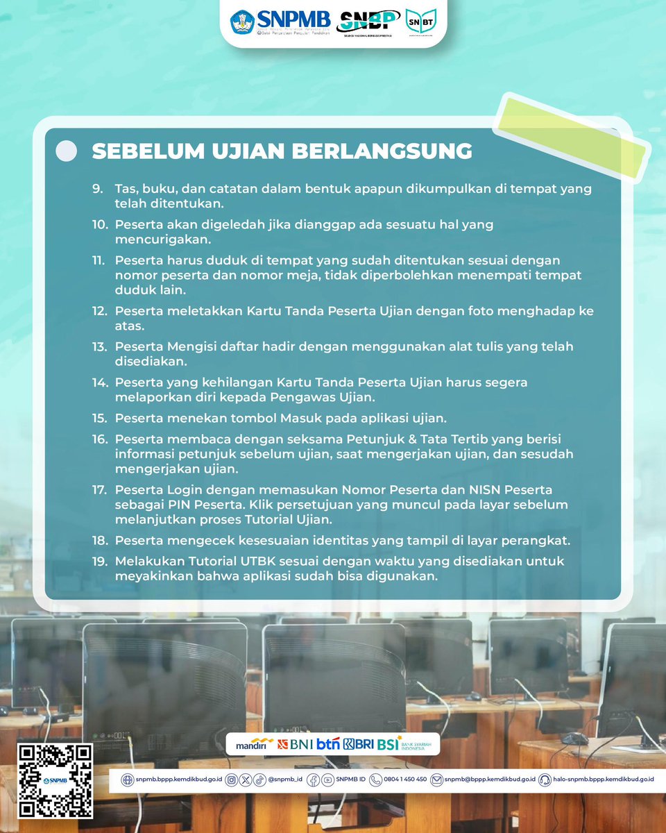 snpmb_id's tweet image. TATA TERTIB UTBK 2025

Halo Calon Mahasiswa Indonesia!

Hari menjelang UTBK sudah dekat nih! Bagaimana persiapan peserta UTBK? Selain belajar, persiapkan juga hal lain juga sesuai dengan Tata Tertib UTBK 2025.

Perhatikan mengenai pakaian yang harus dikenakan dan persyaratan…