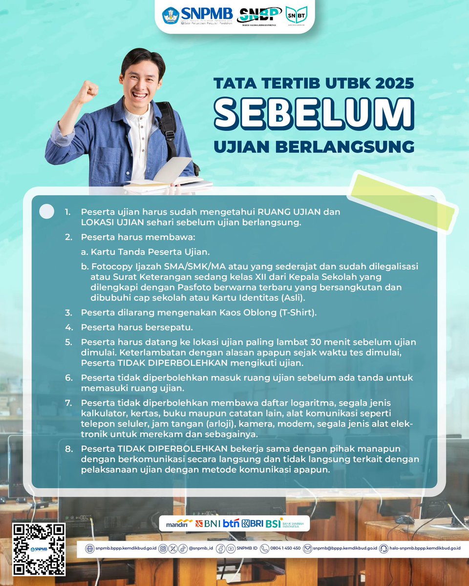 snpmb_id's tweet image. TATA TERTIB UTBK 2025

Halo Calon Mahasiswa Indonesia!

Hari menjelang UTBK sudah dekat nih! Bagaimana persiapan peserta UTBK? Selain belajar, persiapkan juga hal lain juga sesuai dengan Tata Tertib UTBK 2025.

Perhatikan mengenai pakaian yang harus dikenakan dan persyaratan…