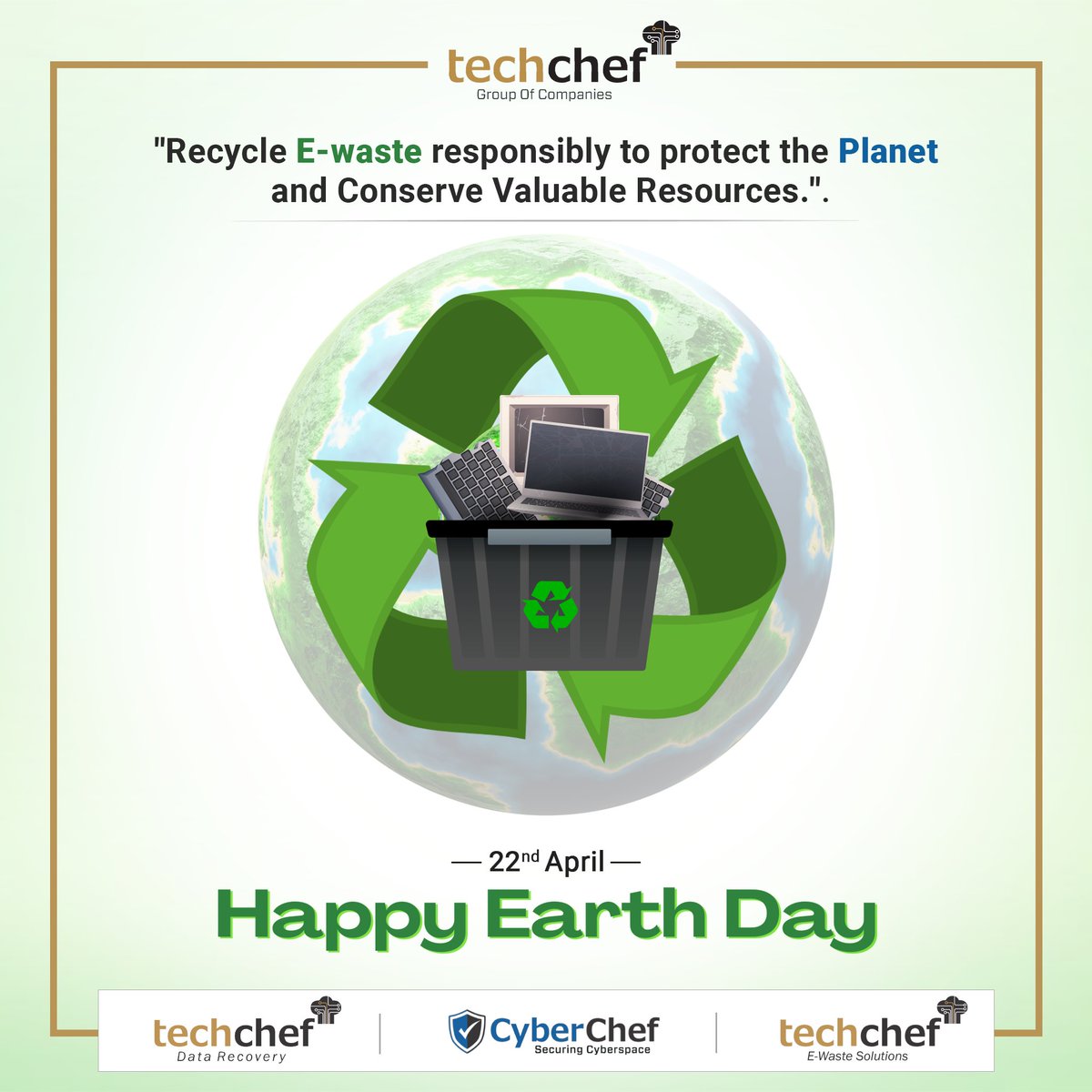 asktechchef's tweet image. 🌎🌿 Happy Earth Day! Let’s take a step towards a cleaner future by recycling e-waste responsibly. ♻️💻 #EarthDay #TechchefEwaste #SustainableLiving #TechchefGroup #LoveMotherEarth