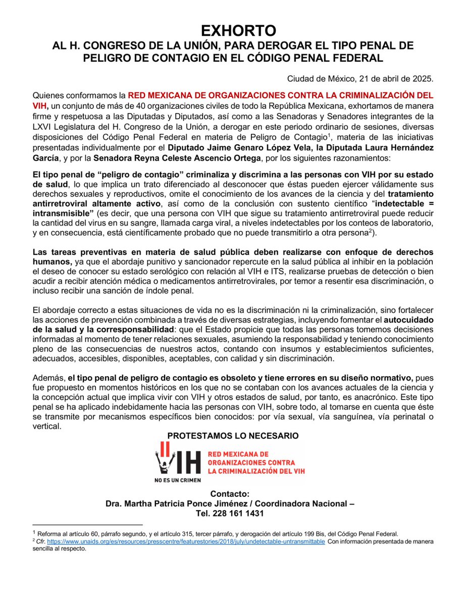 RedMexicanaVIH (@vihnoescrimenmx) on Twitter photo El tipo penal de “peligro de contagio” criminaliza y discrimina a las personas con VIH por su estado de salud. Derogación del artículo 199 Bis, del Código Penal Federal YA !! <a href="/Mx_Diputados/">H. Cámara de Diputados</a> <a href="/RicardoMonrealA/">Ricardo Monreal A.</a> <a href="/JAIMELOPEZVELA/">Jaime López Vela🏳️🌈🏳️⚧️</a> <a href="/DipLauraDDHH/">Laura Hernández</a> <a href="/CelesteAscenci8/">Celeste Ascencio</a> <a href="/Sergeluna_S/">Sergio Gutz. Luna</a> El tipo penal de “peligro de contagio” criminaliza y discrimina a las personas con VIH por su estado de salud. Derogación del artículo 199 Bis, del Código Penal Federal YA !! <a href="/Mx_Diputados/">H. Cámara de Diputados</a> <a href="/RicardoMonrealA/">Ricardo Monreal A.</a> <a href="/JAIMELOPEZVELA/">Jaime López Vela🏳️🌈🏳️⚧️</a> <a href="/DipLauraDDHH/">Laura Hernández</a> <a href="/CelesteAscenci8/">Celeste Ascencio</a> <a href="/Sergeluna_S/">Sergio Gutz. Luna</a>