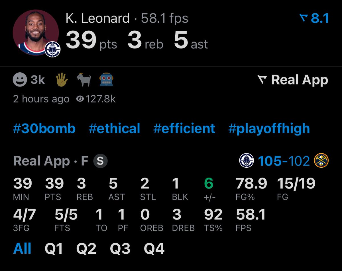 LegionHoops's tweet image. We saw Finals MVP Kawhi Leonard tonight:

39 points
15-for-19 FGs
5 assists

VINTAGE. (via @realapp_)