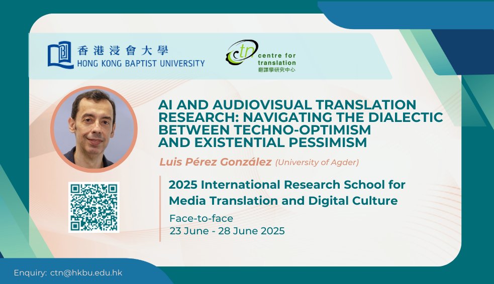 HKBU Centre for Translation (@ctnhkbu) on Twitter photo Call for Applications International Research School for Media Translation & Digital Culture (MTDC 2025) 23-28.6.2025 @ Hong Kong Baptist University.
More details @ ctn.hkbu.edu.hk/research-schoo…
📝Send your personal statement to the School’s Academic Directors at hkbu.questionpro.com/a/TakeSurvey?t… Call for Applications International Research School for Media Translation & Digital Culture (MTDC 2025) 23-28.6.2025 @ Hong Kong Baptist University.
More details @ ctn.hkbu.edu.hk/research-schoo…
📝Send your personal statement to the School’s Academic Directors at hkbu.questionpro.com/a/TakeSurvey?t…