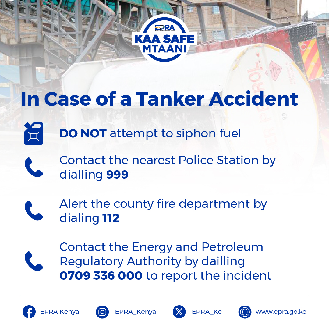 In the event of a petroleum tanker accident, quick action can save lives. Follow these critical steps:
• Dial 999 to alert the nearest police station.
• Dial 112 to contact the county fire department.
• Report the accident to the Energy and Petroleum Regulatory Authority