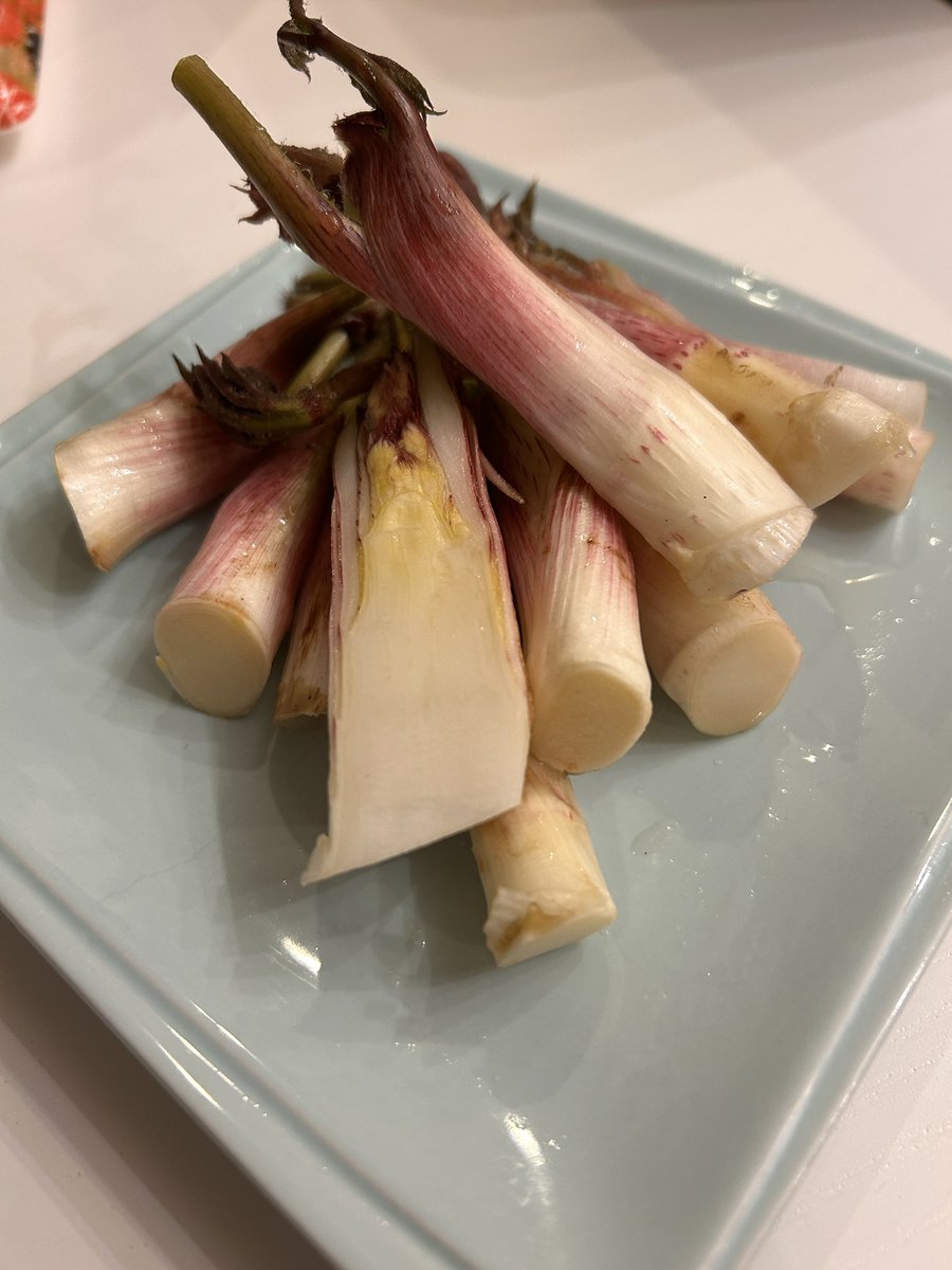 萌ピン色はマヨ味噌で丸齧り。
口に広がる爽やかなウドの香りがたまらん😍