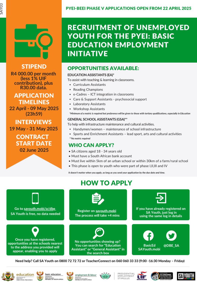 Recruitment of Unemployed Youth for PYEI: Basic Education Employment Initiative 

Applications close: 9 May 2025