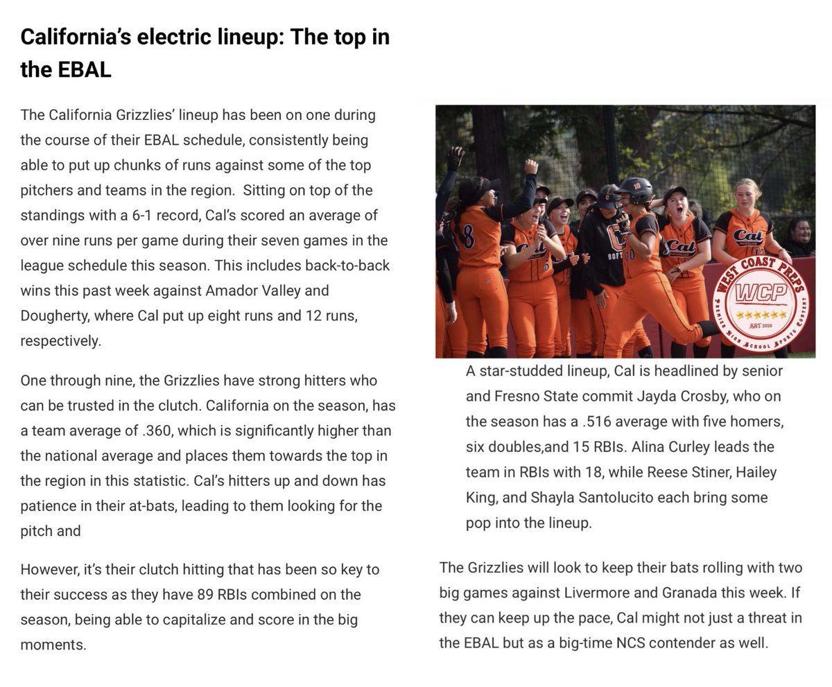 Let’s keep our bats hot Cal!  Thanks for the great article <a href="/westcoastpreps_/">West Coast Preps</a>!  
<a href="/_CAL_Athletics/">Cal High Grizzly Athletics</a> <a href="/EfficiencySP/">Efficiency Sports Performance</a> <a href="/McnealSports/">Mcneal Sports</a> <a href="/BatbustersC/">Batbusters Ching 18U</a> <a href="/StacyMayJohnson/">Stacy May-Johnson</a> <a href="/Hey_Coach_Bobby/">Bobby Alvara</a> <a href="/thealliancefp/">The Alliance Fastpitch</a> <a href="/ondecksoftball/">OnDeck Softball 🥎</a> <a href="/reesestiner2025/">Reese Stiner</a> <a href="/HaileyKing2025/">Hailey King</a> <a href="/shaylucito2026/">Shayla Santolucito 2026</a> <a href="/AlinaCuriel2026/">Alina Curiel</a>