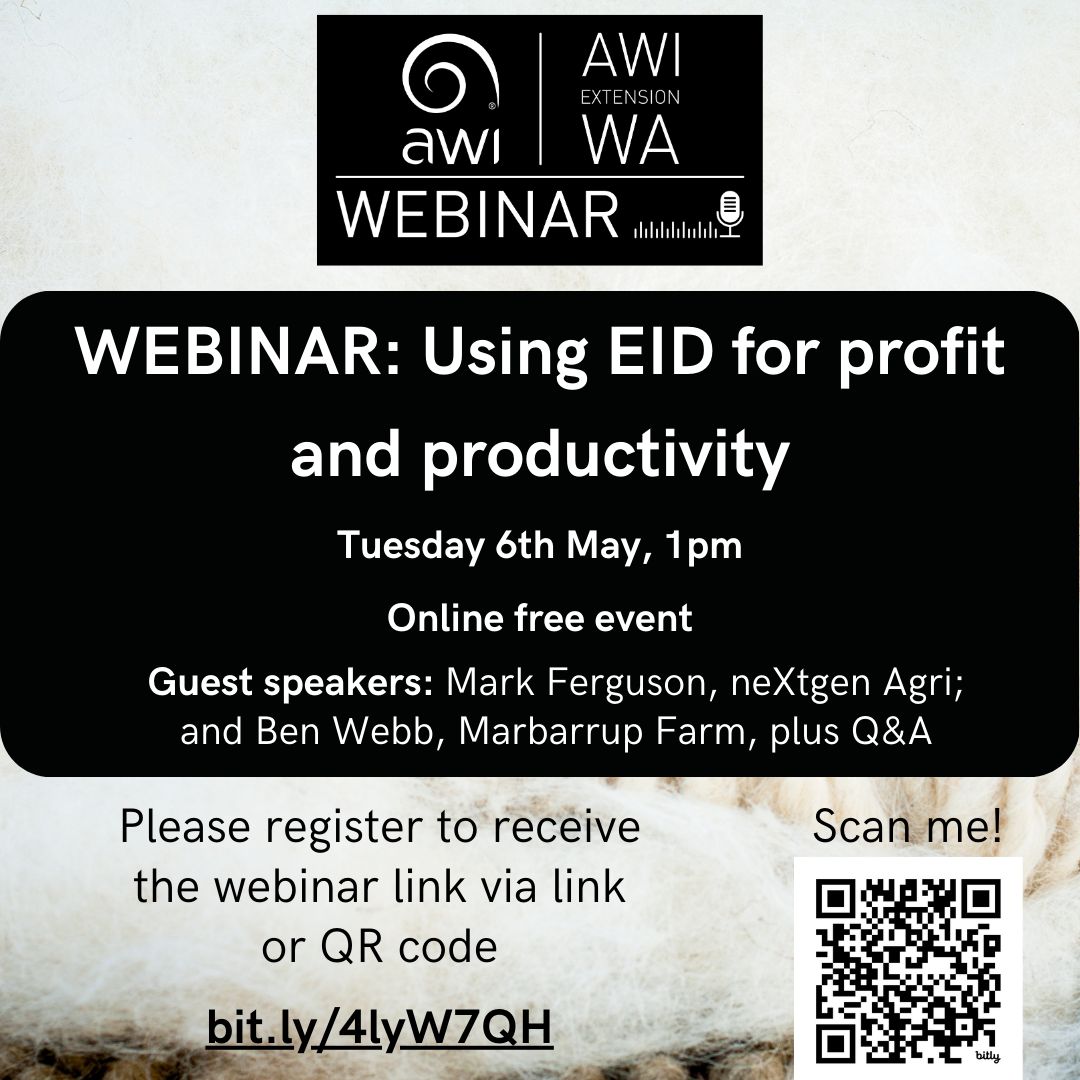 AWIExtensionWA's tweet image. 📢 UPCOMING WEBINAR
Want to learn how EID can improve your productivity and profitability, plus how to get started? 

Join our free webinar "Using EID for profit and productivity" at 1:00pm on Tues, May 6. 

Visit the link to learn more and register: bit.ly/4lyW7QH