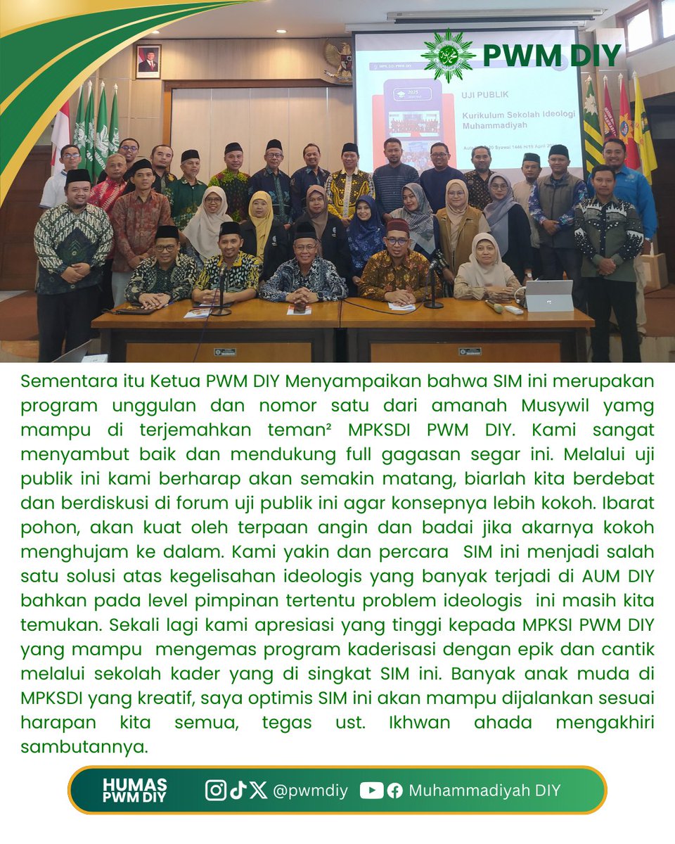 pwmdiy's tweet photo. 🚨MPK SDI PWM DIY sukses gelar Uji Publik Kurikulum SIM (19/4)! Wadah sistematis cetak kader militan &amp; visioner Muhammadiyah.
💬Gus Bach: "Program strategis perkuat ideologi!"
👏PWM DIY: "SOLUSI kegelisahan ideologis di AUM."
#SIM2024 #MuhammadiyahDIY https://t.co/WgTR93keOD