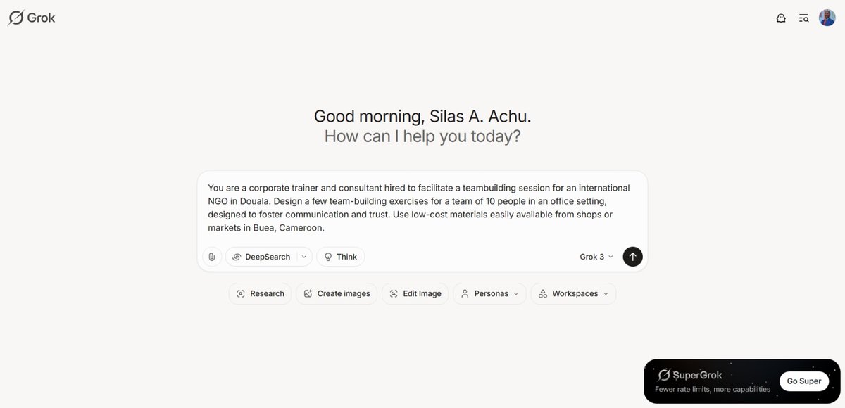 Silas_Achu's tweet photo. I am taking a course on AI and learning how to develop effective prompts. Here is my attempt asking Grok to help me design team-building activities which I can use for a workshop with a client. https://t.co/GOGb2cMhnL