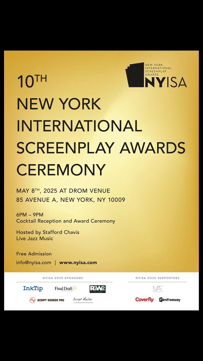 You’re all invited!
Join us for the 10th New York International Screenplay Awards!

Red Carpet Ceremony • Cocktail Reception • Networking Party
Live jazz music!

May 8 @ DROM NYC 6 PM-9 PM
FREE ADMISSION!

#NYISA #Screenwriters #FilmCommunity #NYCEvents #RedCarpet #filmmakers