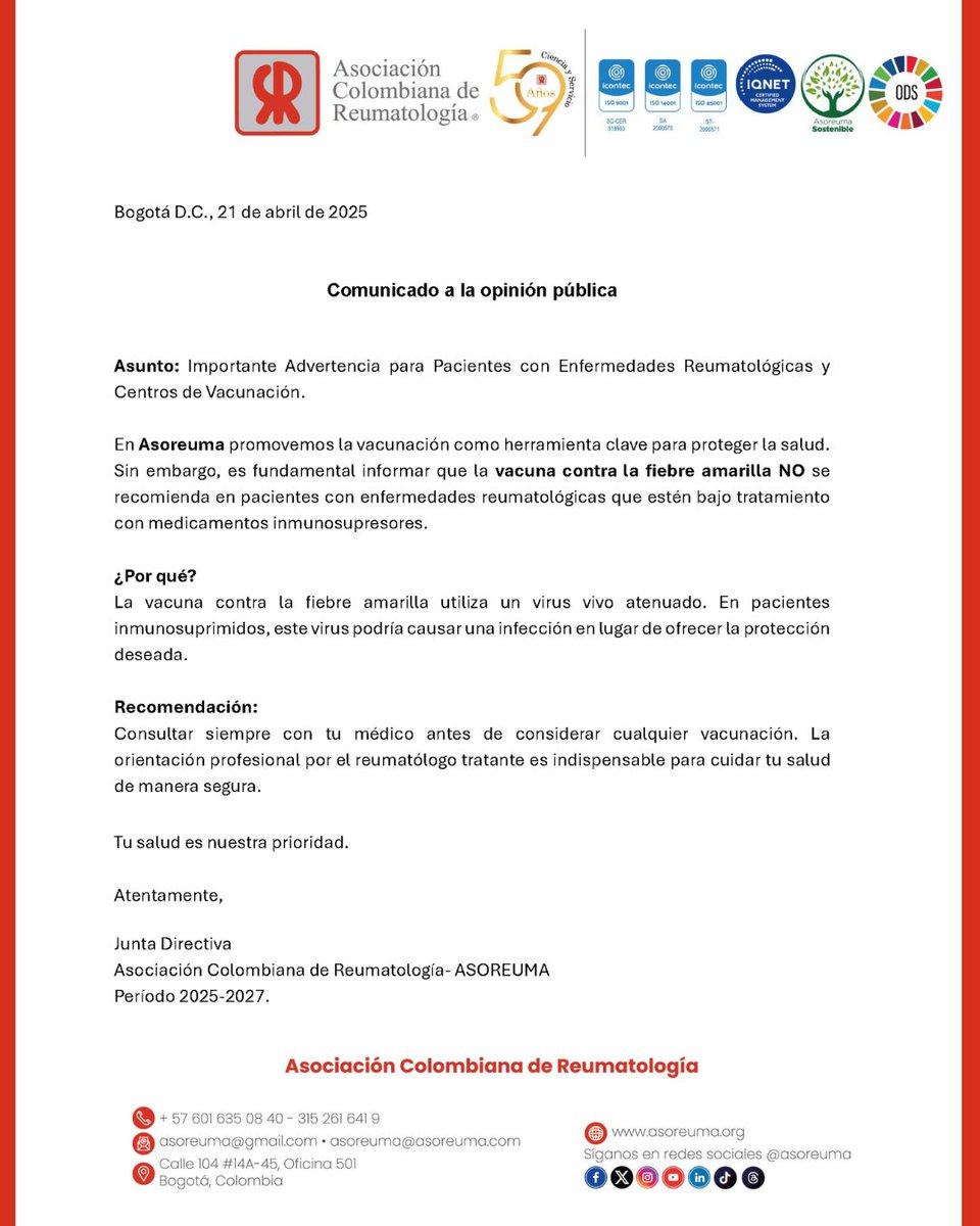 ⚠ Comunicado la opinión pública 📷Importante Advertencia para Pacientes con Enfermedades Reumatológicas y Centros de Vacunación. Junta Directiva 2025 – 2027 Asociación Colombiana de Reumatología 📷 ⚠