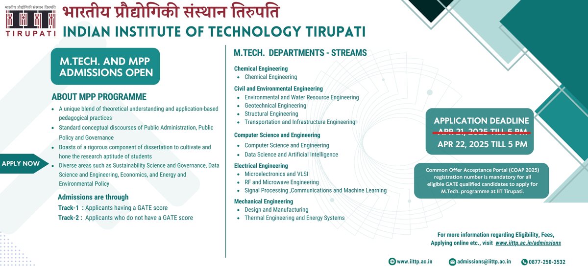 IIT Tirupati (@iit_tirupati) on Twitter photo 🔔 Deadline Extended!
Apply for M.Tech. and Master of Public Policy (MPP) programs at <a href="/iit_tirupati/">IIT Tirupati</a>.
Apply before 5 PM TODAY, April 22, 2025 – don’t miss the deadline!
👉 Visit iittp.ac.in/admissions for details. 🔔 Deadline Extended!
Apply for M.Tech. and Master of Public Policy (MPP) programs at <a href="/iit_tirupati/">IIT Tirupati</a>.
Apply before 5 PM TODAY, April 22, 2025 – don’t miss the deadline!
👉 Visit iittp.ac.in/admissions for details.